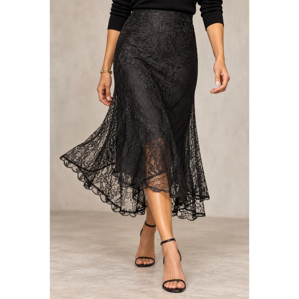 Lauren Ralph Lauren Black Lace Skirt Size 14 Asymmetrical Handkerchief Hem Lined